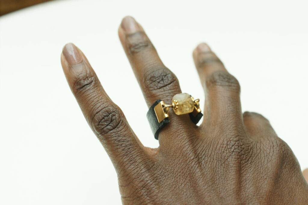 Citrine and black leather Dot Ring by Amma Gyan founder of House of Amma. -The Art of Living and Amanartis Gallery and Studio