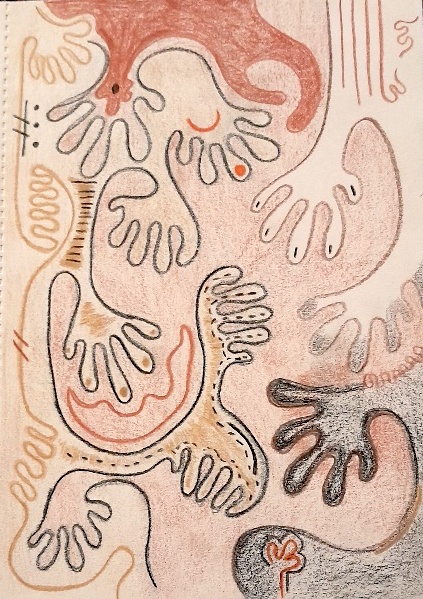 It takes a village drawing by Amma Gyan Artist and Founder of Amanartis Gallery and House of Amma. Multiply abstract hands in brown cream white and black in colour pencil on paper