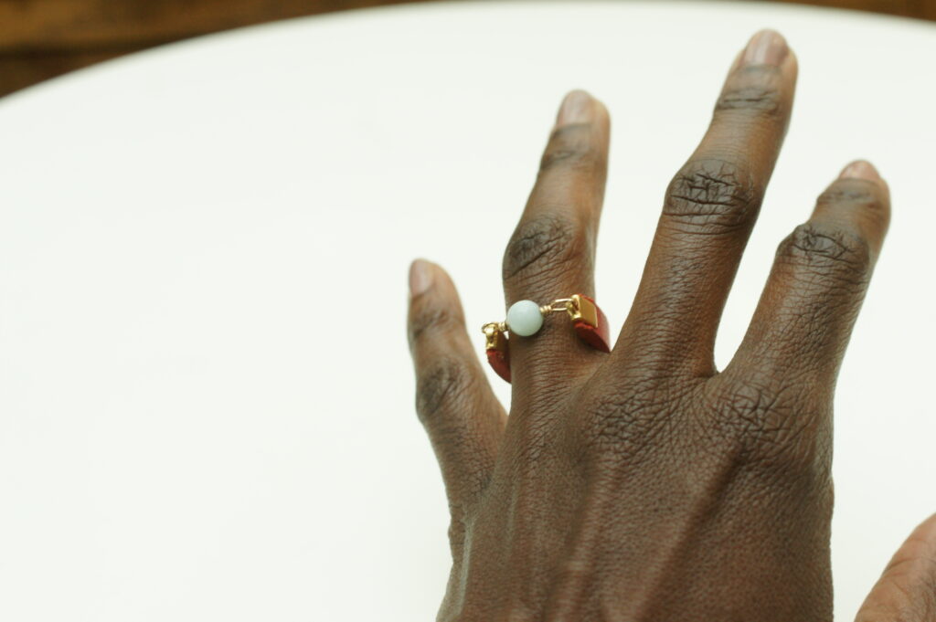 Dot ring in aventurine and red by Amma Gyan artist and founder of Amanartis Gallery and House of Amma